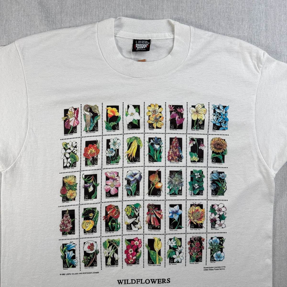 90s USA製 Tシャツ USPS 花 切手 アートT 白 L シングルステッチ スクリーンスターズ 2603-0155