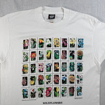 90s USA製 Tシャツ USPS 花 切手 アートT 白 L シングルステッチ スクリーンスターズ 2603-0155