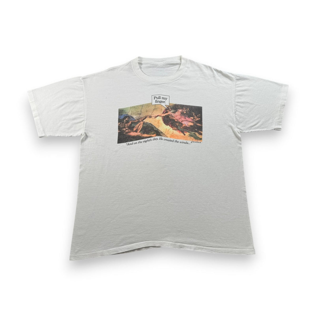 90s ミケランジェロ アダムの創造 Michelangelo Tシャツ アートT パロディ 白 シングルステッチ USA製 2603-0161