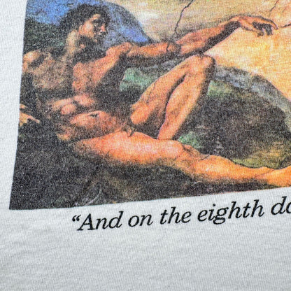 90s ミケランジェロ アダムの創造 Michelangelo Tシャツ アートT パロディ 白 シングルステッチ USA製 2603-0161