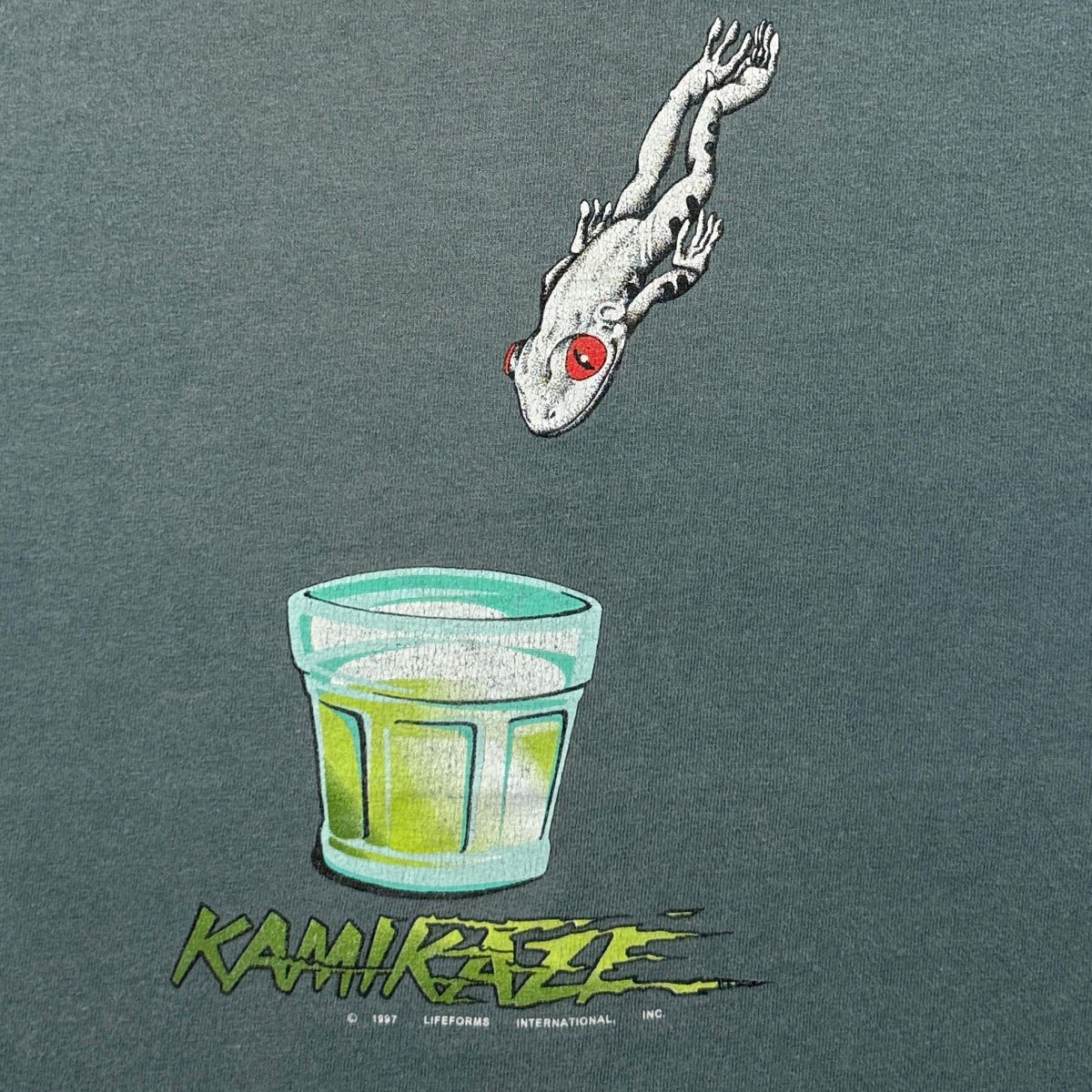 90s USA製 アートT カエル KAMIKAZE カーキ M 両面プリント オールドスケート 2603-0200