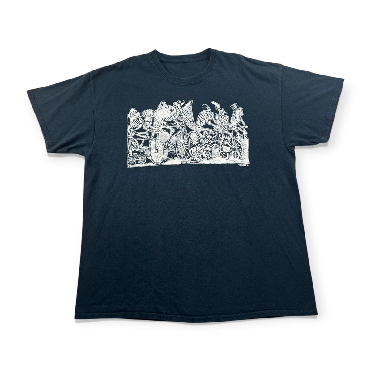 90s 00s メキシカン アートT Tシャツ ドンキホーテ Don Quixote TESOROS 91 ガイコツ 骸骨 スカル 黒 POSADA a-u-2505-027