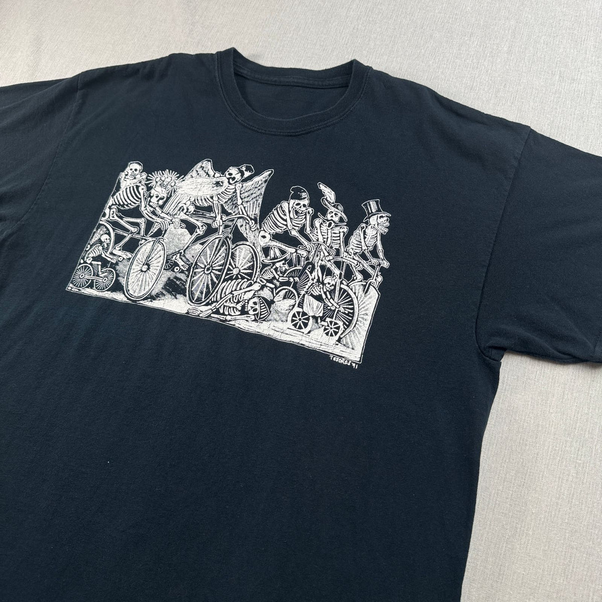 90s 00s メキシカン アートT Tシャツ ドンキホーテ Don Quixote TESOROS 91 ガイコツ 骸骨 スカル 黒 POSADA a-u-2505-027