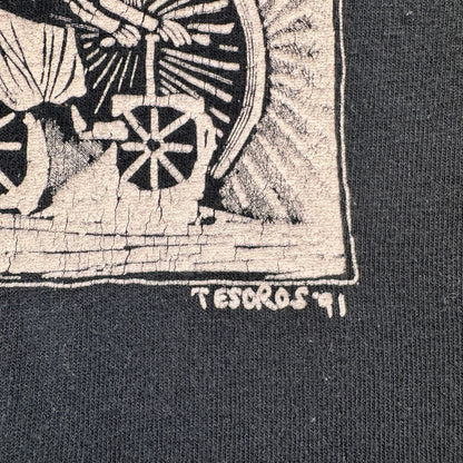 90s 00s メキシカン アートT Tシャツ ドンキホーテ Don Quixote TESOROS 91 ガイコツ 骸骨 スカル 黒 POSADA a-u-2505-027