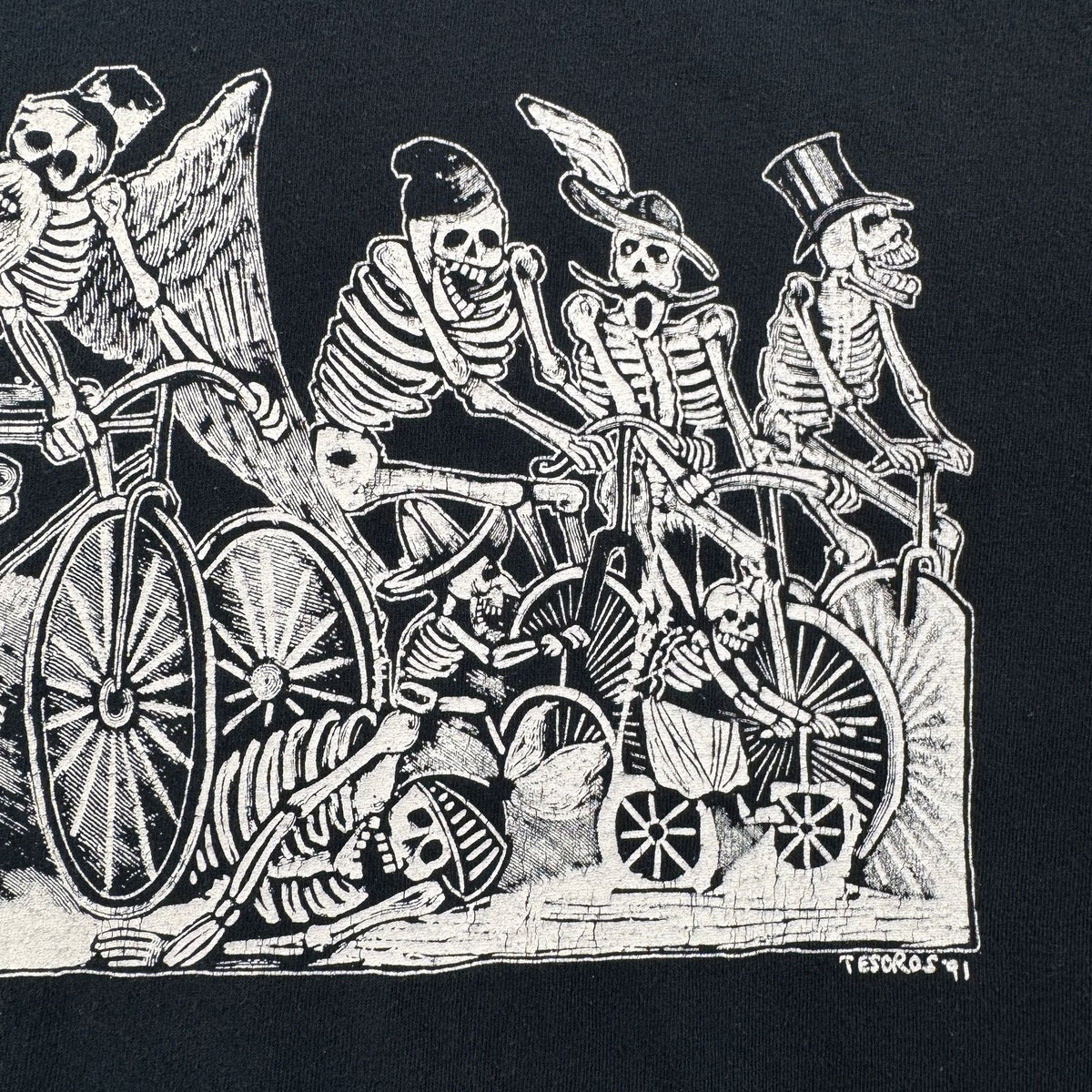 90s 00s メキシカン アートT Tシャツ ドンキホーテ Don Quixote TESOROS 91 ガイコツ 骸骨 スカル 黒 POSADA a-u-2505-027
