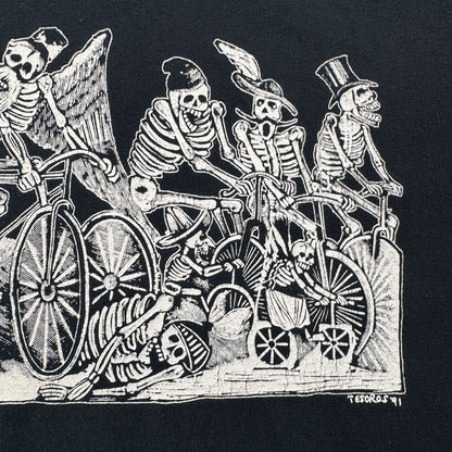 90s 00s メキシカン アートT Tシャツ ドンキホーテ Don Quixote TESOROS 91 ガイコツ 骸骨 スカル 黒 POSADA a-u-2505-027