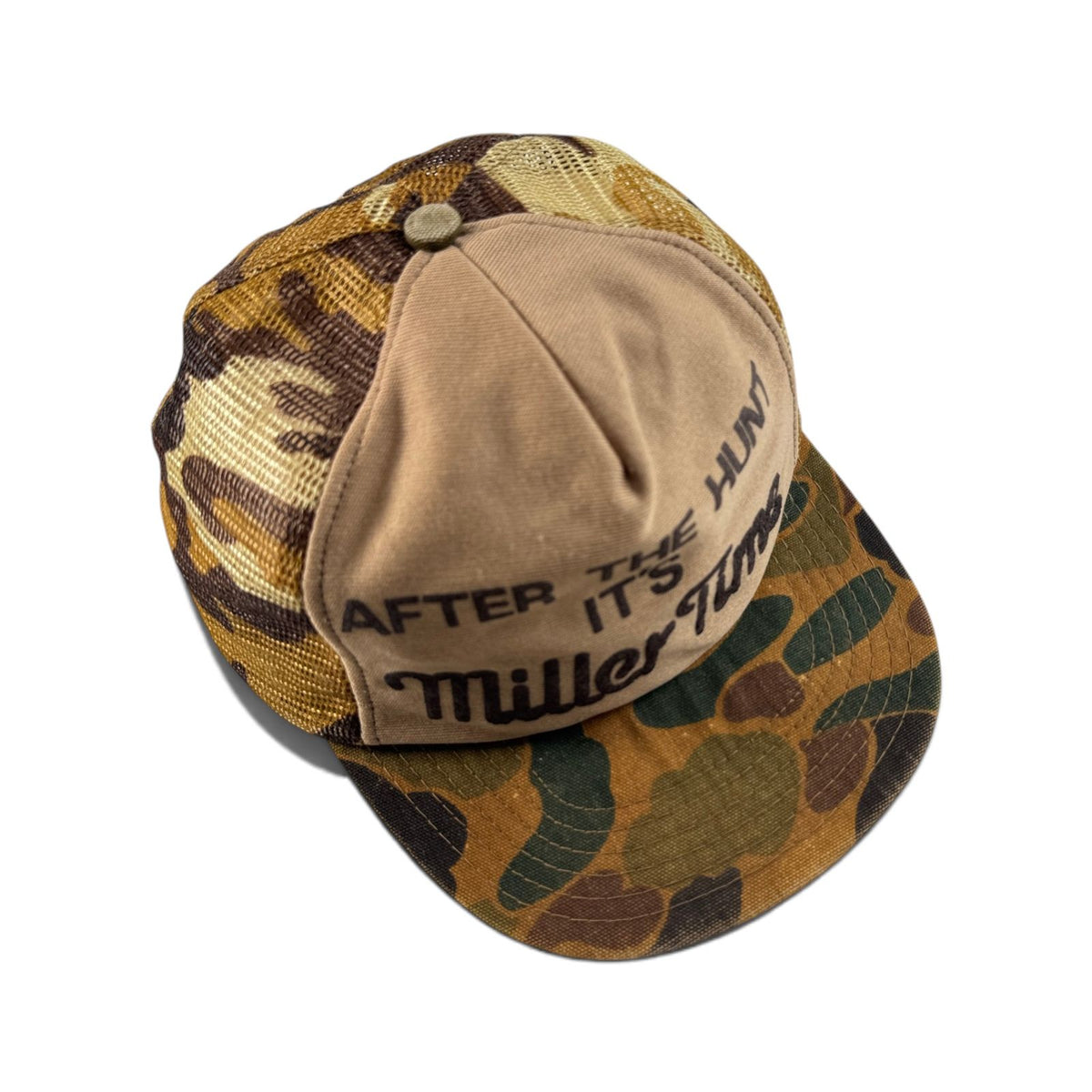 90s USA製 メッシュキャップ 迷彩 miller time カモ柄 帽子 スナップバック 2603-0322