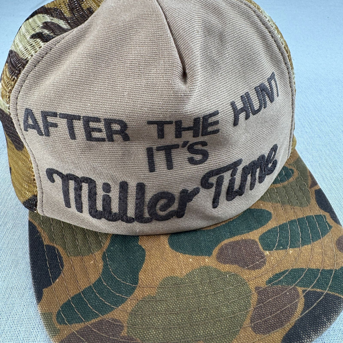 90s USA製 メッシュキャップ 迷彩 miller time カモ柄 帽子 スナップバック 2603-0322