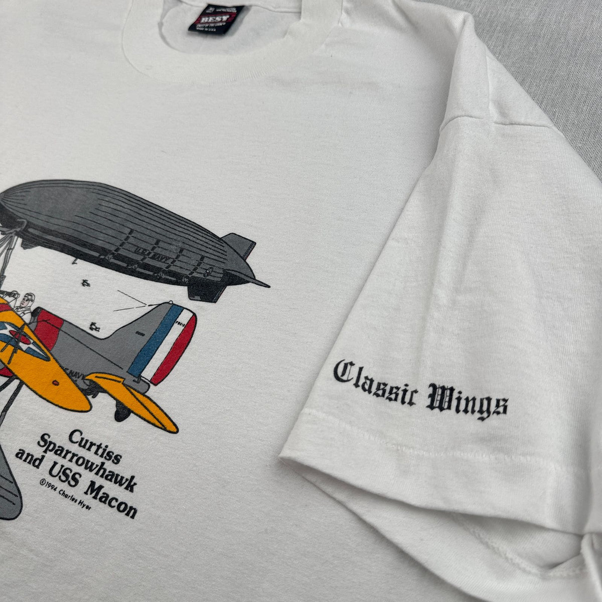 90s Tシャツ USS 飛行機 白 アートT USA製 白 XL オールドイングリッシュ classic wings シングルステッチ 2603-0261
