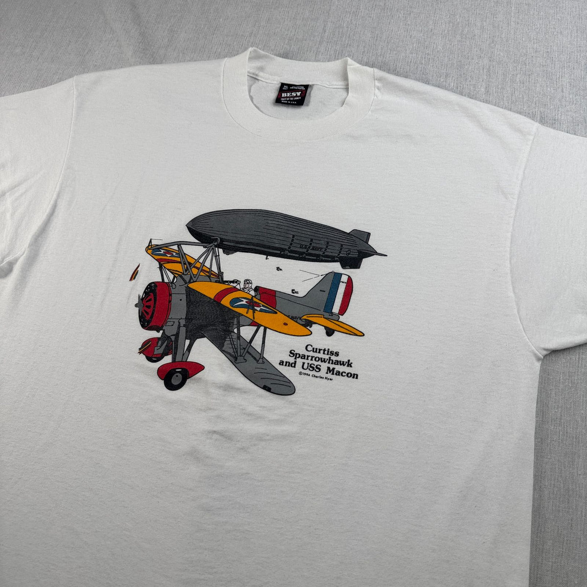 90s Tシャツ USS 飛行機 白 アートT USA製 白 XL オールドイングリッシュ classic wings シングルステッチ 2603-0261