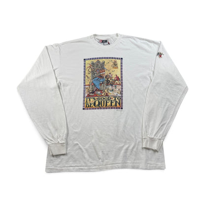 90s USA製 アートT Tシャツ Mary Engelbreit 白 ロンT 長袖 XL IT'S GOOD TO BE QUEEN シングルステッチ 2603-0262