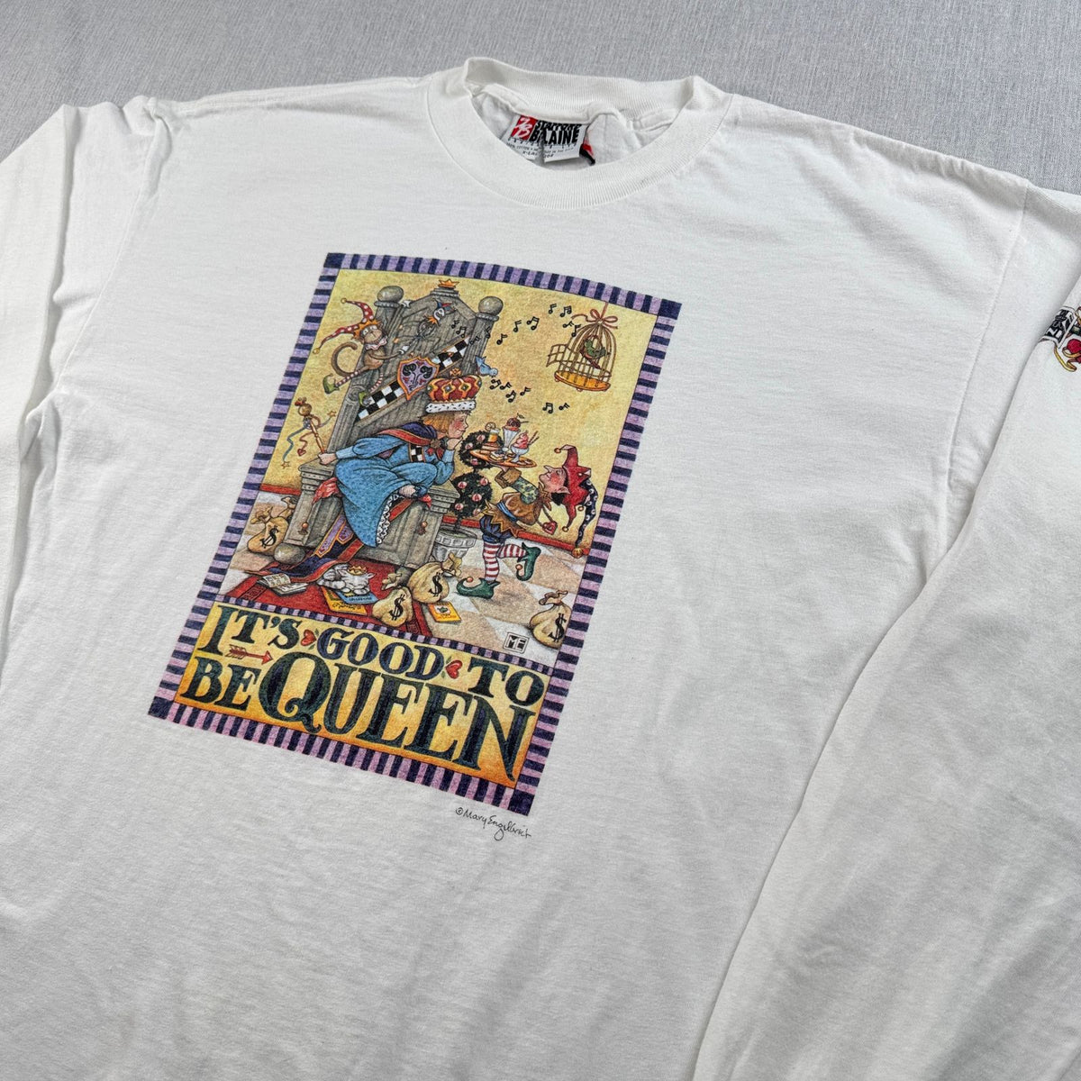 90s USA製 アートT Tシャツ Mary Engelbreit 白 ロンT 長袖 XL IT'S GOOD TO BE QUEEN シングルステッチ 2603-0262