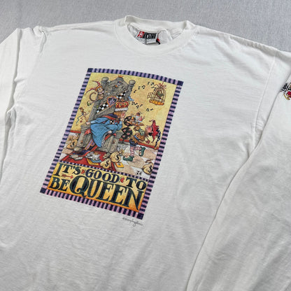 90s USA製 アートT Tシャツ Mary Engelbreit 白 ロンT 長袖 XL IT'S GOOD TO BE QUEEN シングルステッチ 2603-0262