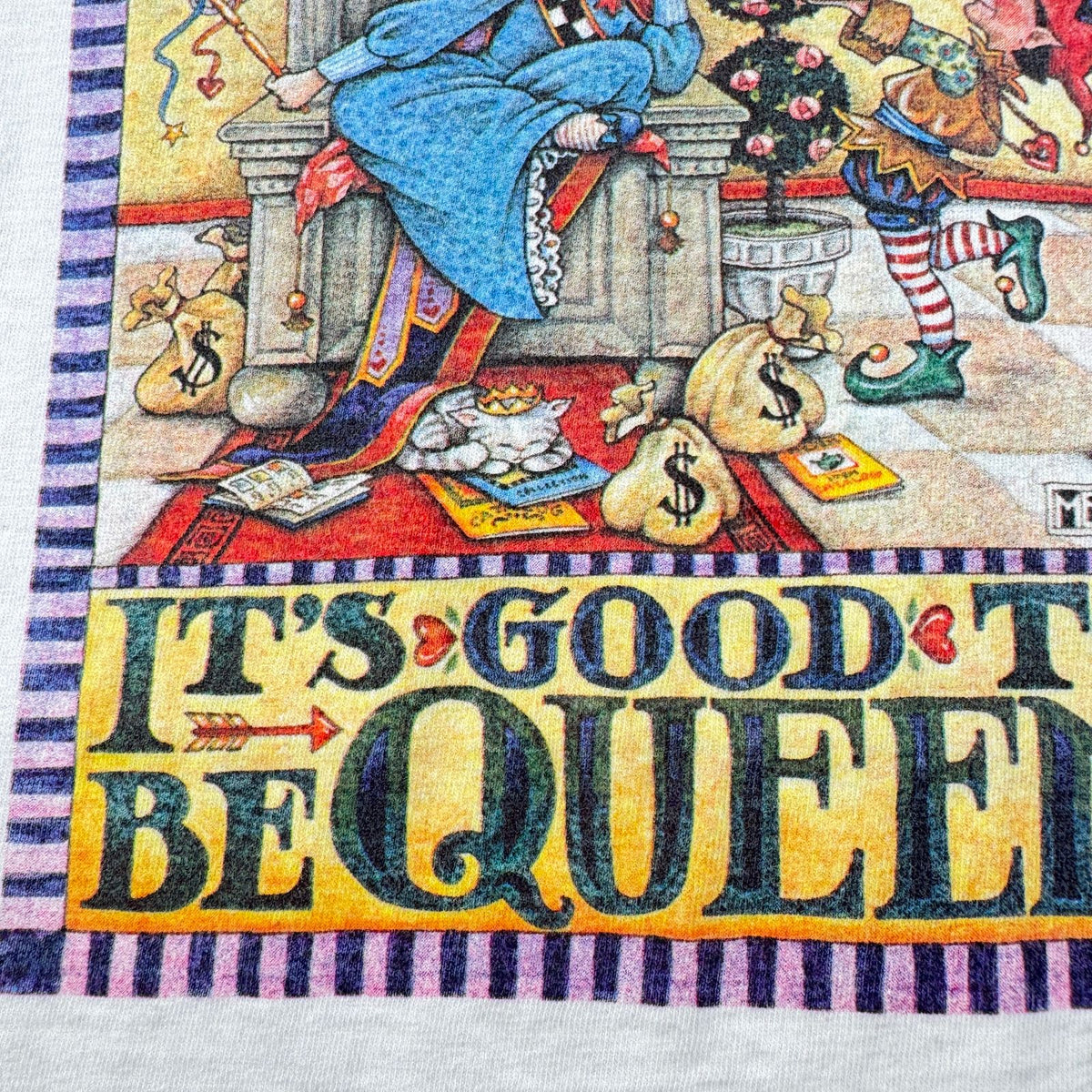 90s USA製 アートT Tシャツ Mary Engelbreit 白 ロンT 長袖 XL IT'S GOOD TO BE QUEEN シングルステッチ 2603-0262