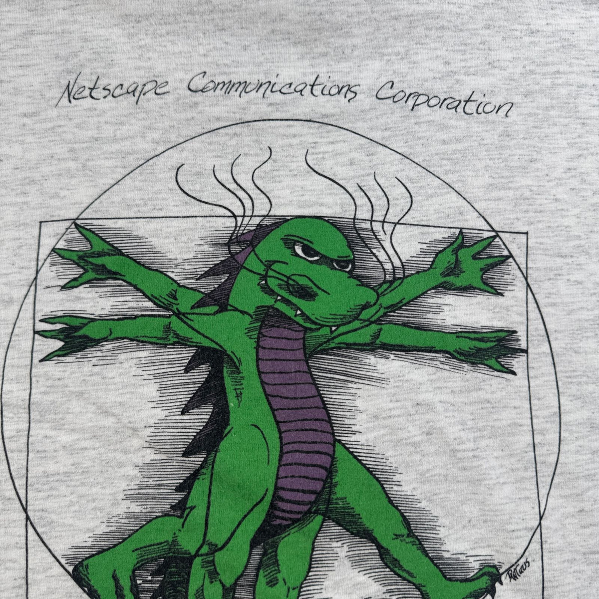 90s ネットスケープ Netscape 企業T USA製 レオナルドダヴィンチ パロディ 恐竜 グレー M ONEITA シングルステッチ インターネットブラウザ 2603-0265
