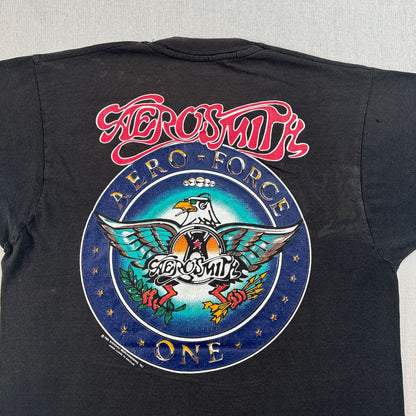 80s AEROSMITH PUMP TOUR エアロスミス AERO FORCE Tシャツ バンドT XL 黒 IRELAND アイルランド製 screen stars シングルステッチ 両面プリント 2603-0277