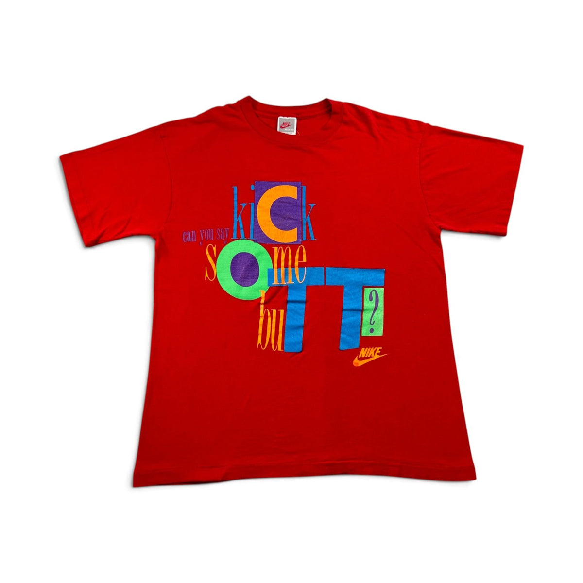 90s ナイキ NIKE Tシャツ ロゴ 赤 USA製 KICK SOME BUTT シングルステッチ 2604-0105