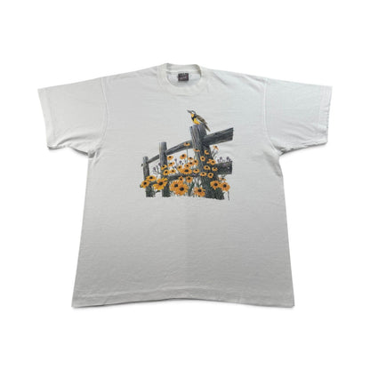 90s アートT 鳥 ひまわり 向日葵 Tシャツ 白 XL シングルステッチ 2604-0122