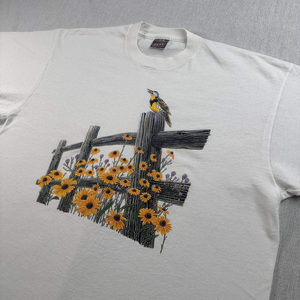 90s アートT 鳥 ひまわり 向日葵 Tシャツ 白 XL シングルステッチ 2604-0122