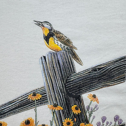 90s アートT 鳥 ひまわり 向日葵 Tシャツ 白 XL シングルステッチ 2604-0122