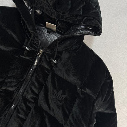 90s adidas アディダス ベロア ダウンジャケット ブラック 銀タグ L ja-2603-020