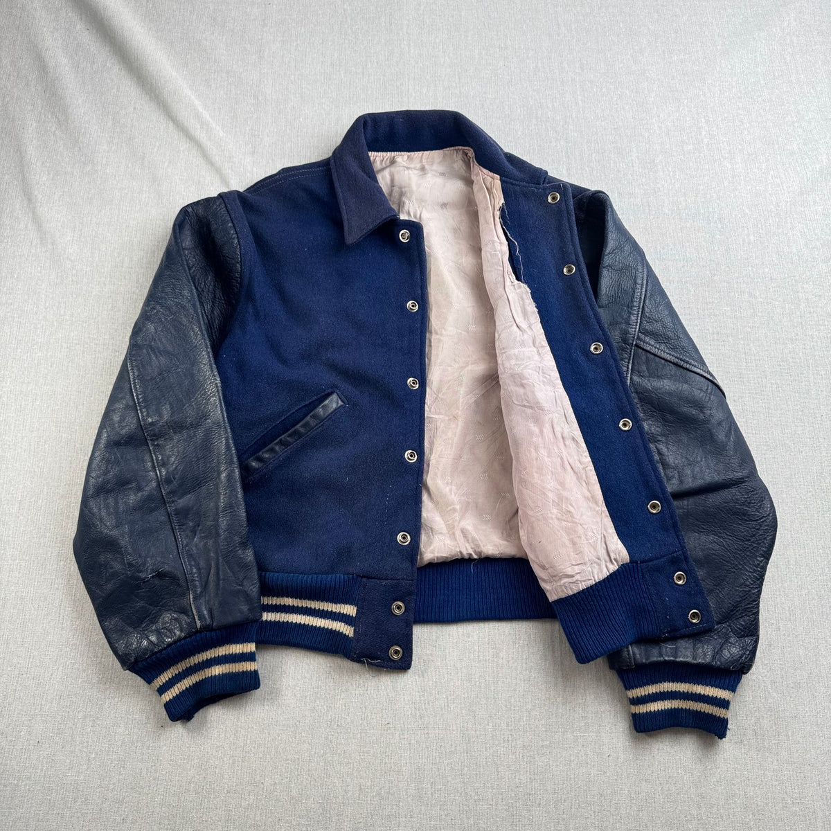 50s スタジャン VANCE HALL 青 袖革 刺繍 レザー切替 2604-0164