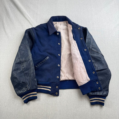 50s スタジャン VANCE HALL 青 袖革 刺繍 レザー切替 2604-0164