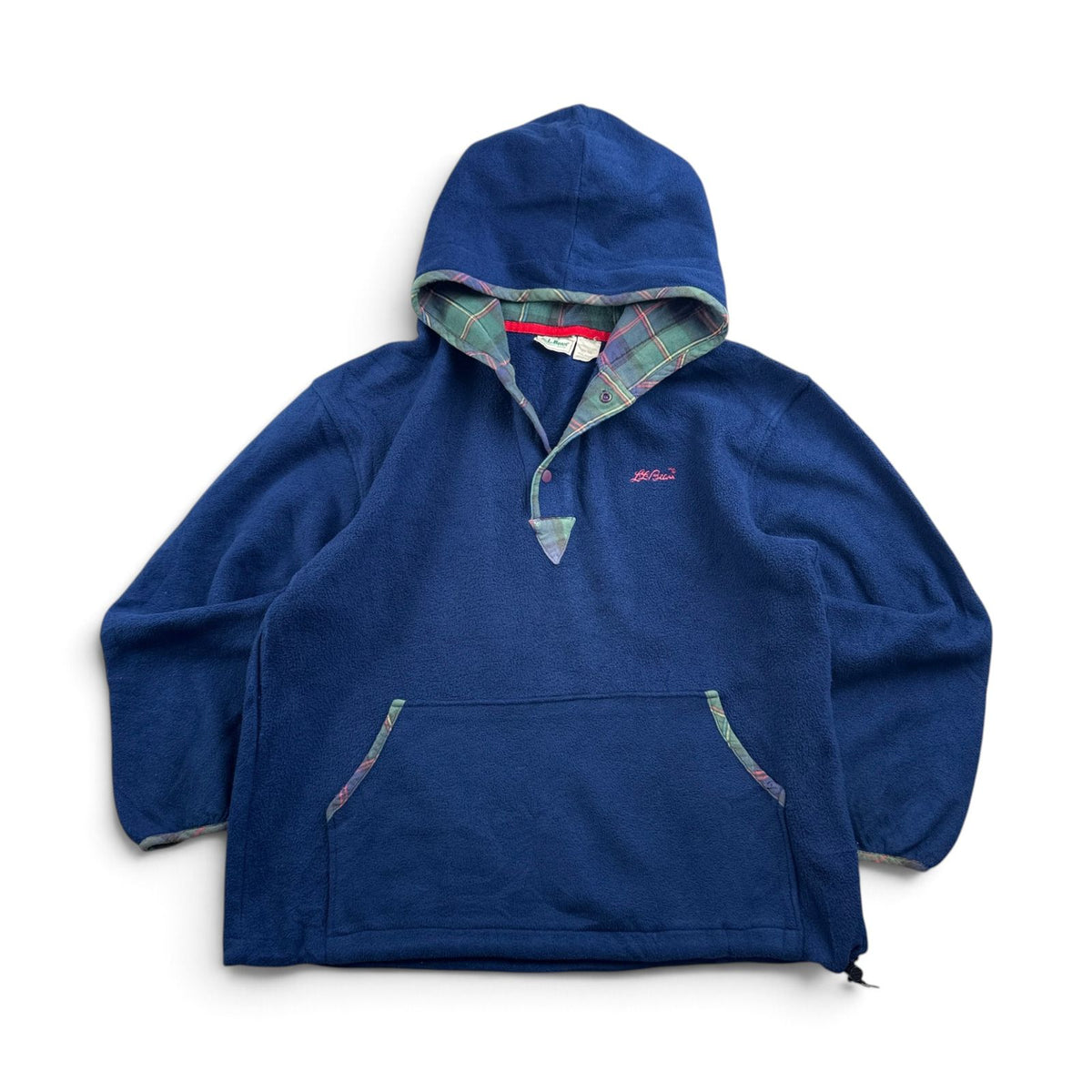 80s L.L.Bean エルエルビーン フリース プルオーバー パーカー 筆記体ロゴ 刺繍 チェック裏地 スナップボタン ネイビー USA製 2605-00193