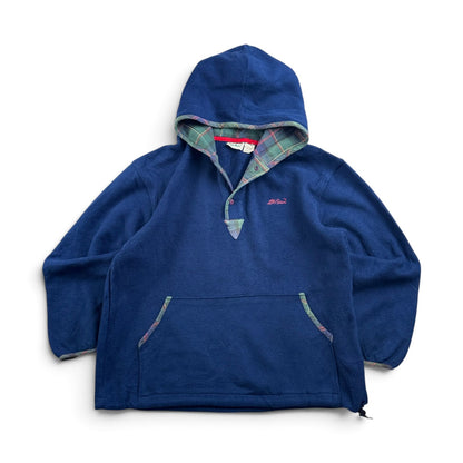 80s L.L.Bean エルエルビーン フリース プルオーバー パーカー 筆記体ロゴ 刺繍 チェック裏地 スナップボタン ネイビー USA製 2605-00193