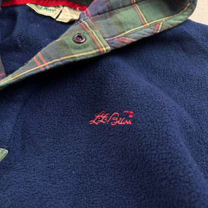 80s L.L.Bean エルエルビーン フリース プルオーバー パーカー 筆記体ロゴ 刺繍 チェック裏地 スナップボタン ネイビー USA製 2605-00193