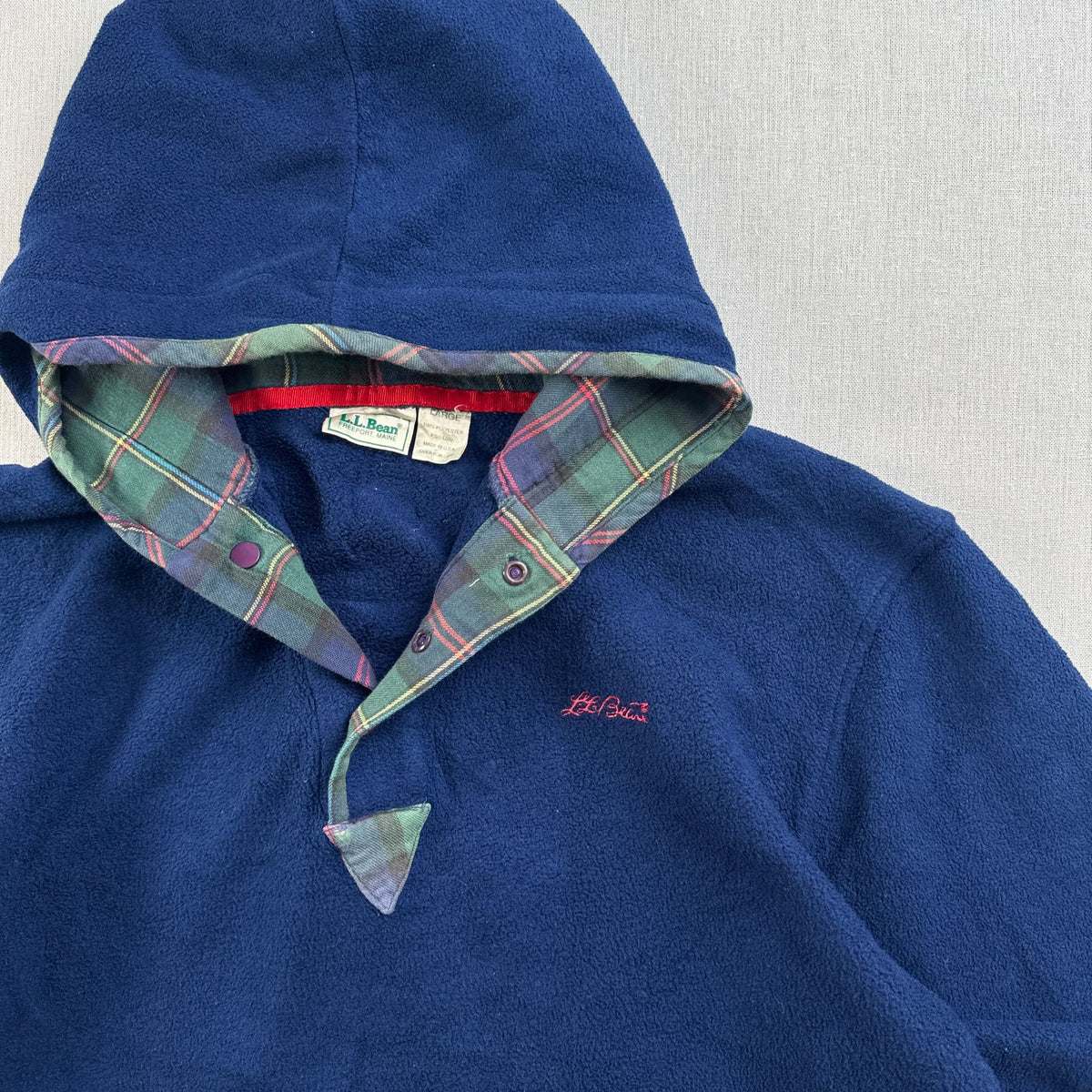 80s L.L.Bean エルエルビーン フリース プルオーバー パーカー 筆記体ロゴ 刺繍 チェック裏地 スナップボタン ネイビー USA製 2605-00193