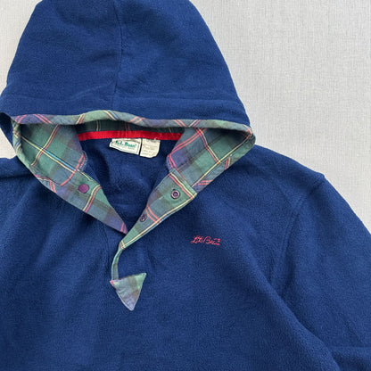 80s L.L.Bean エルエルビーン フリース プルオーバー パーカー 筆記体ロゴ 刺繍 チェック裏地 スナップボタン ネイビー USA製 2605-00193