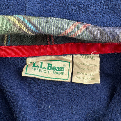 80s L.L.Bean エルエルビーン フリース プルオーバー パーカー 筆記体ロゴ 刺繍 チェック裏地 スナップボタン ネイビー USA製 2605-00193
