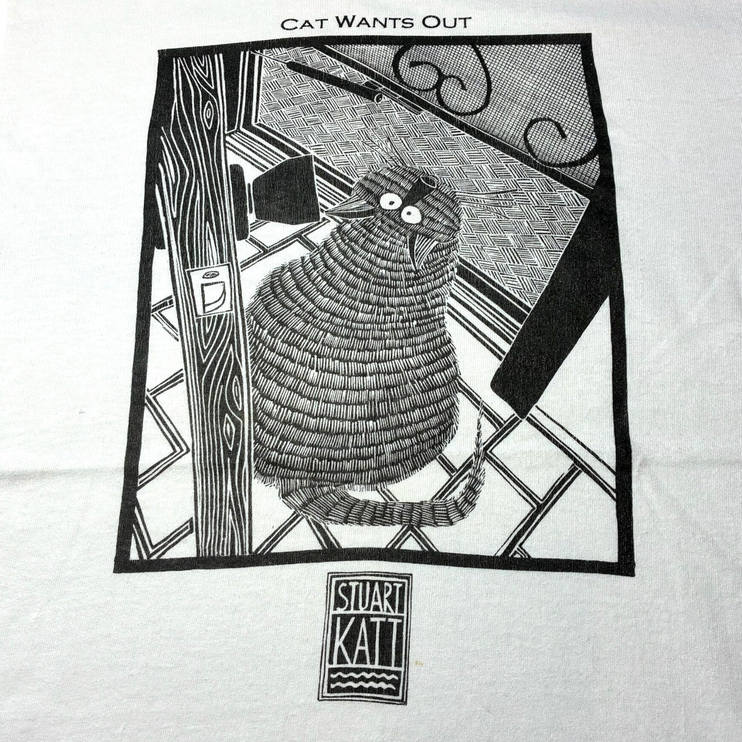 90s Cat Wants Out STUART KATT 猫 アニマルT アートT フルーツオブザルーム カナダ製 ホワイト L a-u-2505-082