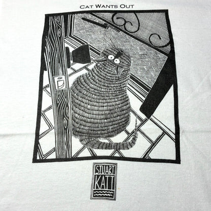 90s Cat Wants Out STUART KATT 猫 アニマルT アートT フルーツオブザルーム カナダ製 ホワイト L a-u-2505-082