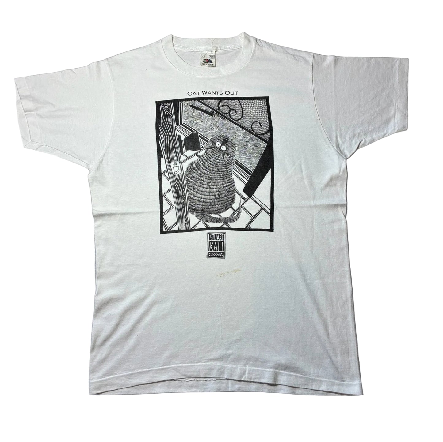 90s Cat Wants Out STUART KATT 猫 アニマルT アートT フルーツオブザルーム カナダ製 ホワイト L a-u-2505-082