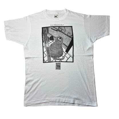 90s Cat Wants Out STUART KATT 猫 アニマルT アートT フルーツオブザルーム カナダ製 ホワイト L a-u-2505-082