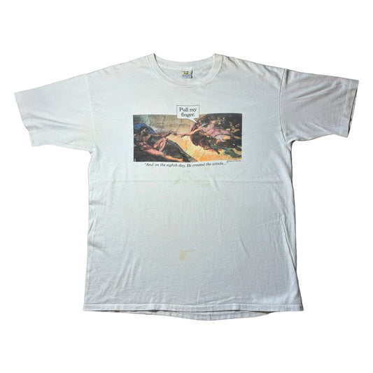 80s 90s Michelangelo ミケランジェロ パロディT pull my finger アートT  ホワイト XL a-u-2505-081
