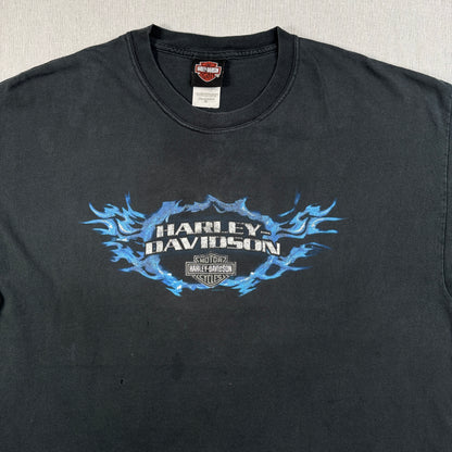 00s ハーレーダビッドソン Tシャツ 黒 炎 ROSWELL killer creek 2004 harley davidson XL co-t-2505-008