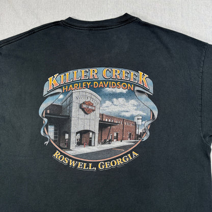 00s ハーレーダビッドソン Tシャツ 黒 炎 ROSWELL killer creek 2004 harley davidson XL co-t-2505-008