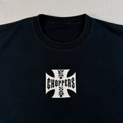 90s 00s WEST COAST CHOPPERS Tシャツ 長袖 ロンT 袖プリント アイアンクロス ウエストコーストチョッパーズ バイク 黒 co-t-2505-014