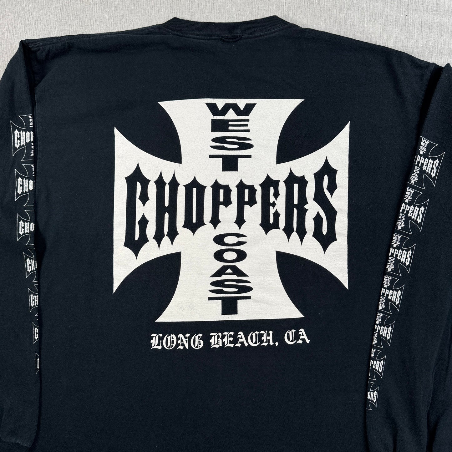 90s 00s WEST COAST CHOPPERS Tシャツ 長袖 ロンT 袖プリント アイアンクロス ウエストコーストチョッパーズ バイク 黒 co-t-2505-014