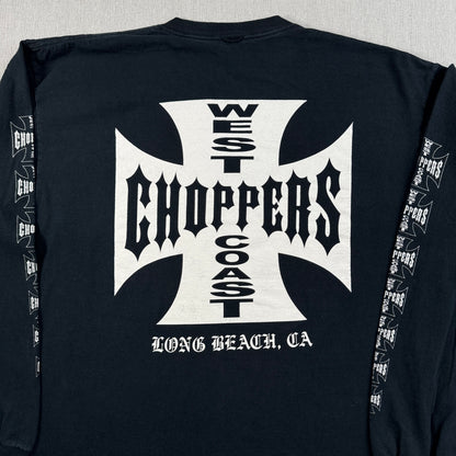 90s 00s WEST COAST CHOPPERS Tシャツ 長袖 ロンT 袖プリント アイアンクロス ウエストコーストチョッパーズ バイク 黒 co-t-2505-014