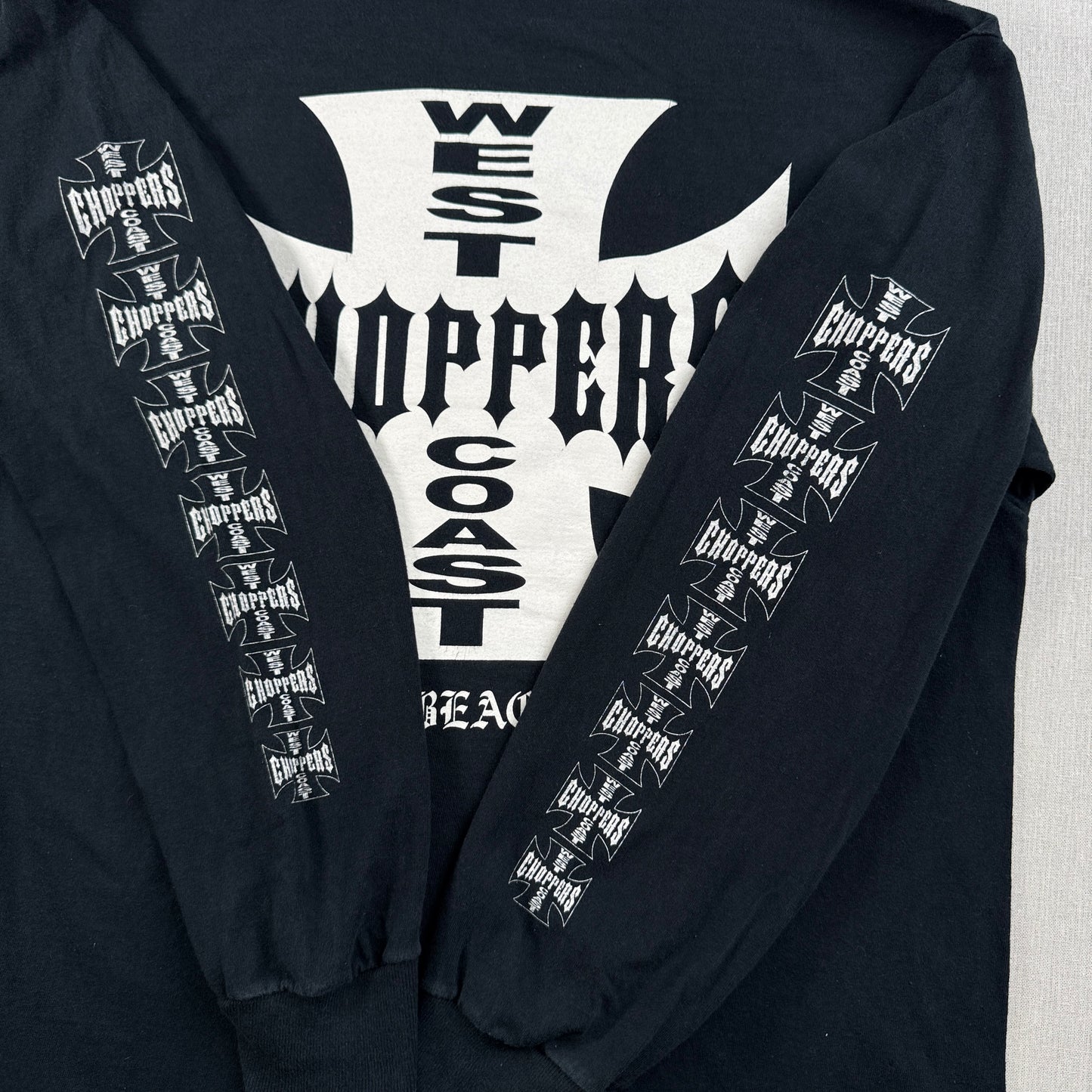 90s 00s WEST COAST CHOPPERS Tシャツ 長袖 ロンT 袖プリント アイアンクロス ウエストコーストチョッパーズ バイク 黒 co-t-2505-014