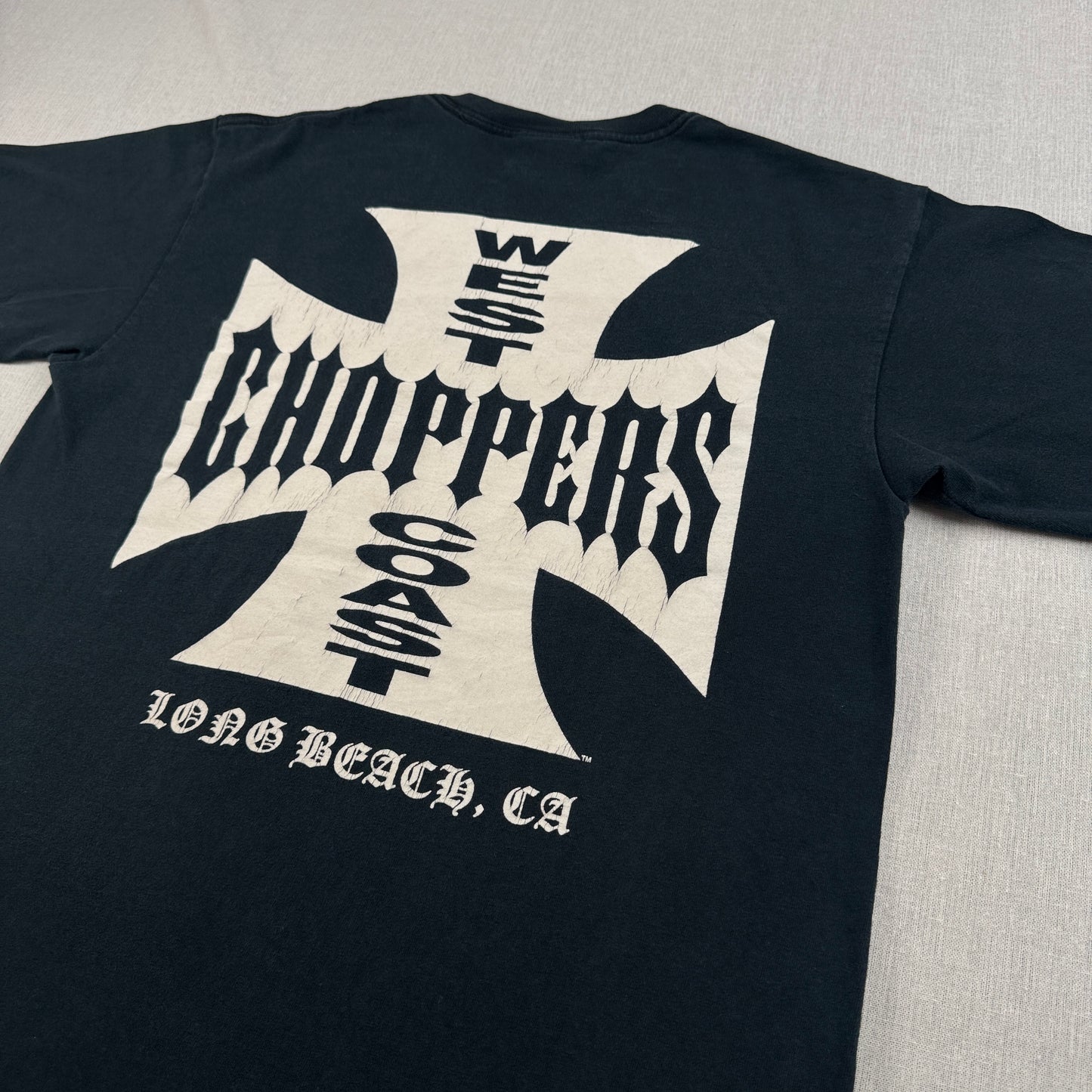 00s WEST COAST CHOPPERS Tシャツ LONG BEACH CA アイアンクロス ウエストコーストチョッパーズ バイク 黒 M anvil co-t-2505-017