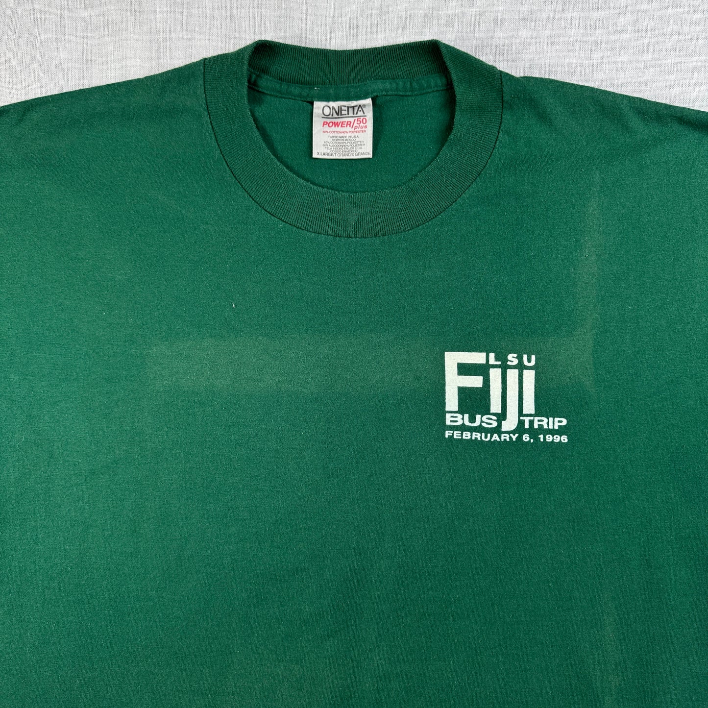 90s カレッジT ルイジアナ州立大学 フォルクスワーゲン FIJI bus trip ONEITA XL 深緑 louisiana state univ Tシャツ シングルステッチ USA co-u-2505-012