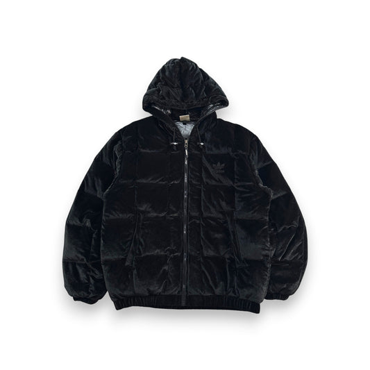 90s adidas アディダス ベロア ダウンジャケット ブラック 銀タグ L ja-2603-020