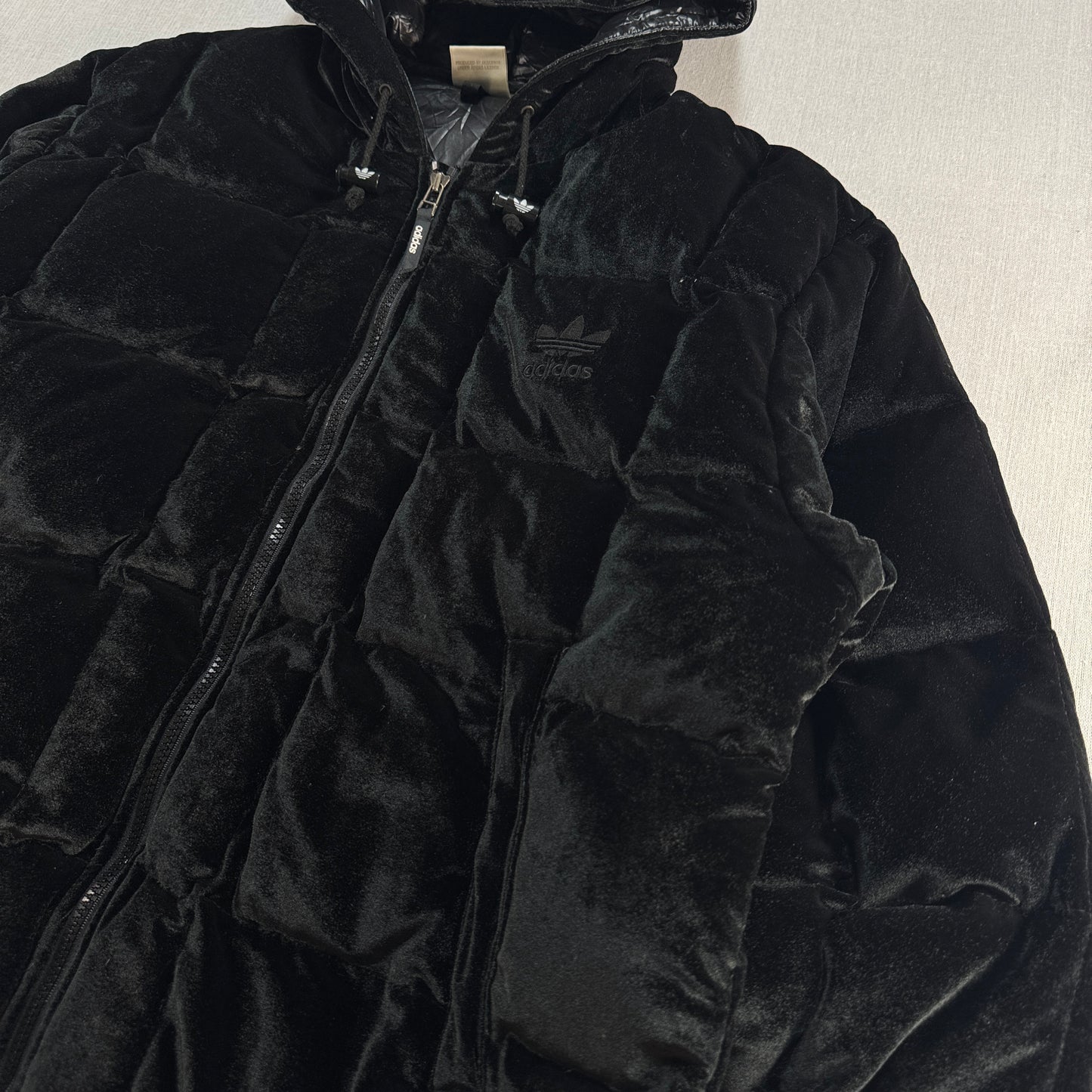90s adidas アディダス ベロア ダウンジャケット ブラック 銀タグ L ja-2603-020