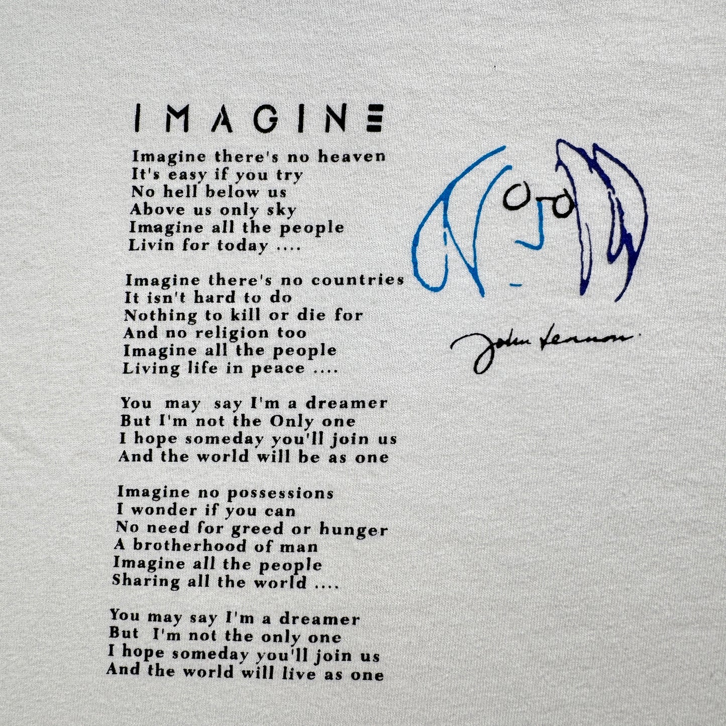 90s ジョンレノン IMAGINE JOHN LENNON Tシャツ イマジン the beatles ビートルズ 白 USA製 歌詞 anvil L シングルステッチ バンドT ba-t-2505-011