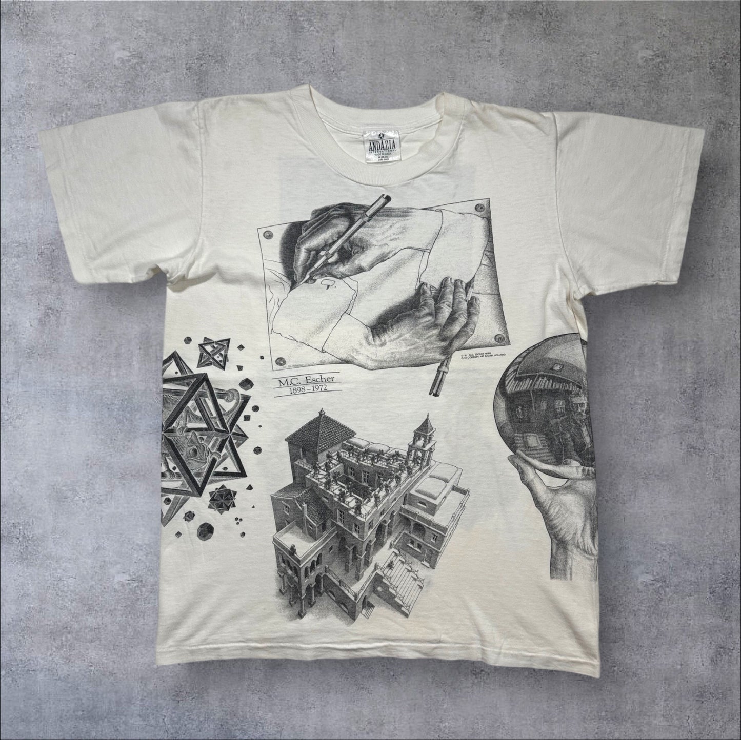 90s M.C. Escher エッシャー マルチプリント 両面 騙し絵 アートT AOP ANDAZIA USA製 白 M a-t-2505-019